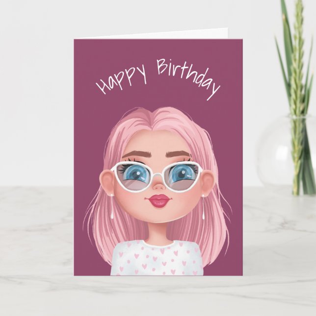 Carte Caricature Fille Anniversaire Avec Lunettes De Cha (Devant)