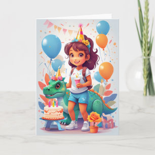 Carte Caricature fille avec gâteau d'anniversaire & dino