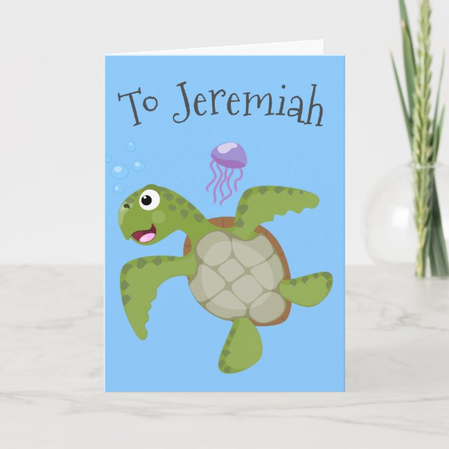 Carte Caricature joyeuse de tortue de mer verte mignonne (Devant)