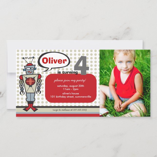 Carte Caricature Robot Rétro Cute Kids Boy Fête d'annive (Devant)