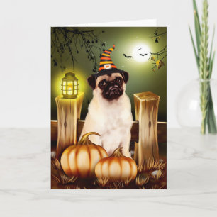 Carte Carlin chien avec sorcière Casquette Halloween
