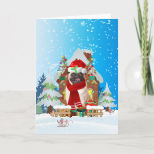Carte Carlin dans la neige avec cadeaux de Noël