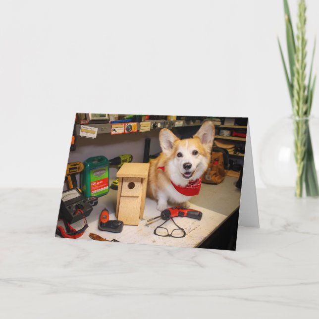 Carte Carpenter Corgi Birdhouse voeux anniversaire (Devant)