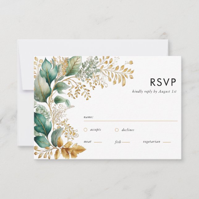 Carte Carré Sage RSVP verte et feuille d'or (Devant)
