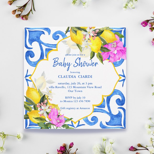 Carte Carrelage bleu citron Bougainvillea Amalfi baby sh (Créateur téléchargé)