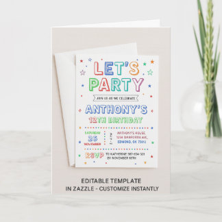 Carte Carton d'invitation coloré pour les 12 ans d'un en