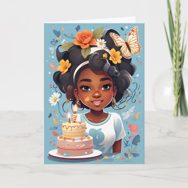 Carte Cartoon fille avec gâteau d'anniversaire (Devant)