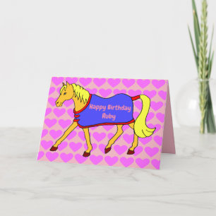 Carte Cartoon mignon poney avec Coeurs roses Anniversair
