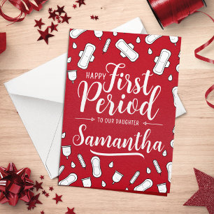 Carte Cartoon Pads Red Script Ado Girl Première période