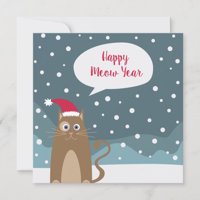 Carte Cartoon père Noël chat en flocons de neige, bonne  (Devant)