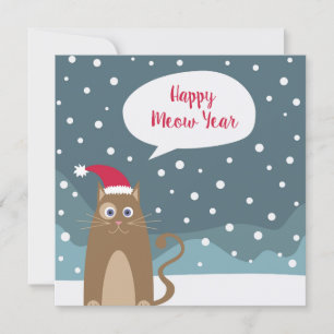 Carte Cartoon père Noël chat en flocons de neige, bonne