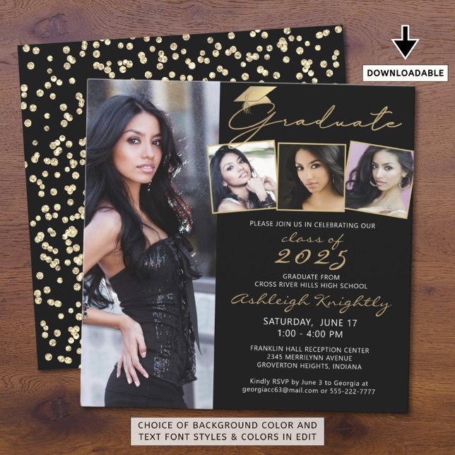 Carte Casquette de script 4 Photo Black Gold Confetti (Créateur téléchargé)