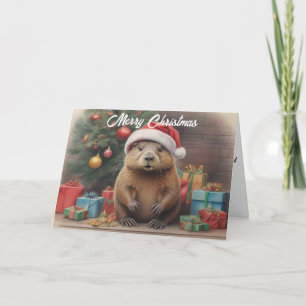 Carte Castor portant un chapeau santa avec des cadeaux d