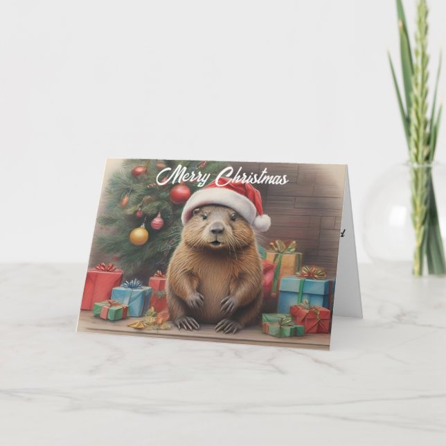 Carte Castor portant un chapeau santa avec des cadeaux d (Devant)