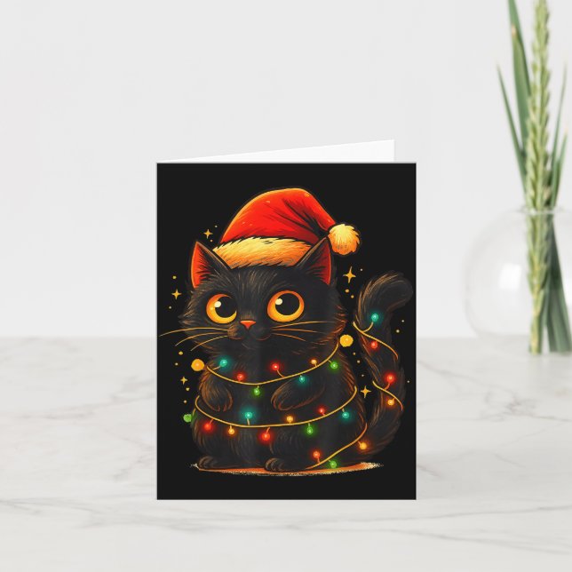Carte Cat Black Christmas Tree Lights Funny Santa Kitten (Devant)