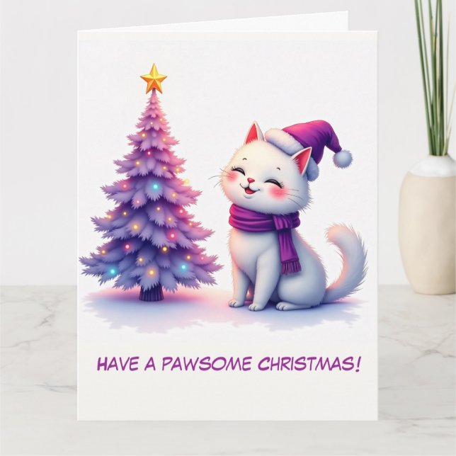 Carte Cat blanc mignon et sapin de Noël illustrés (Devant)