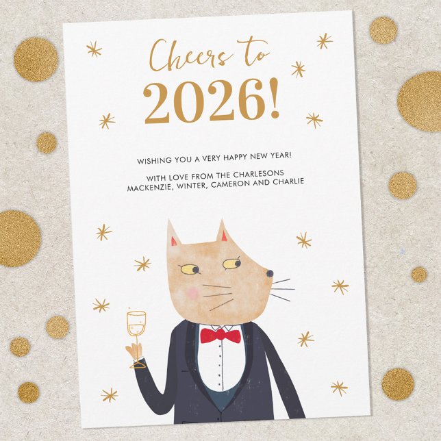 Carte Cat Cheers to 2026 Personalized New Year Card (Cheers to 2026 personalized New Year greetings card featuring a suave and sophisticated cat in suit)