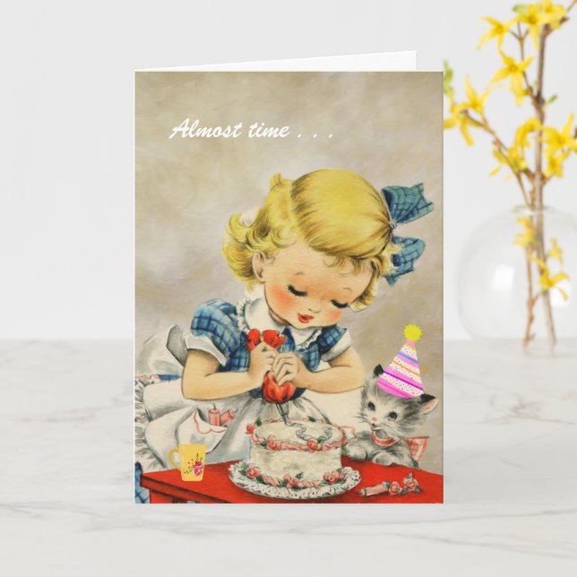 Carte Cat Little Girl Baking Cake Joyeux Anniversaire (Fleur jaune)