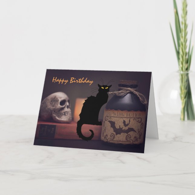 Carte Cat noir effrayant et crâne Halloween Joyeux anniv (Devant)