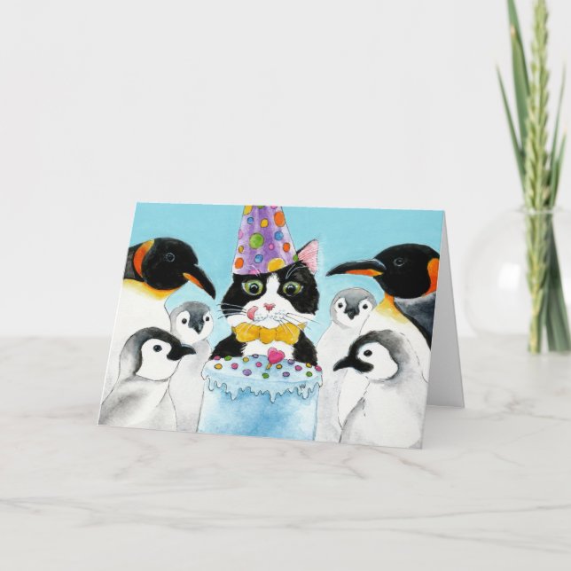 Carte Cat, Penguins, Cake Birthday Card (Devant)