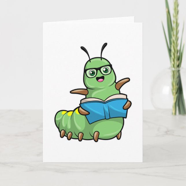 Carte Caterpillar Nerd avec livre et lunettes (Devant)