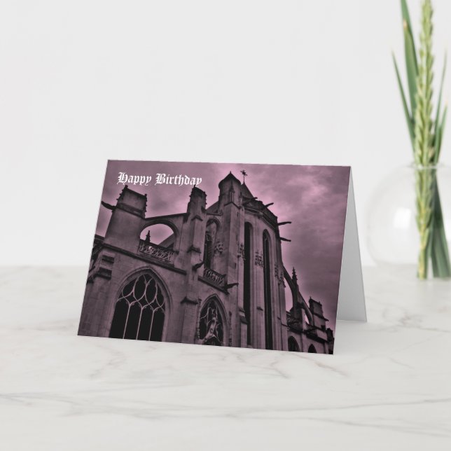 Carte Cathédrale gothique en violet Joyeux anniversaire (Devant)