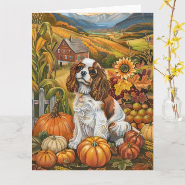 Carte Cavalier King Charles Espaniel Automne Thanksgivin (Fleur jaune)