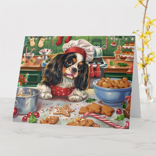 Carte Cavalier King Charles Spaniel Baking Noël (Fleur jaune)