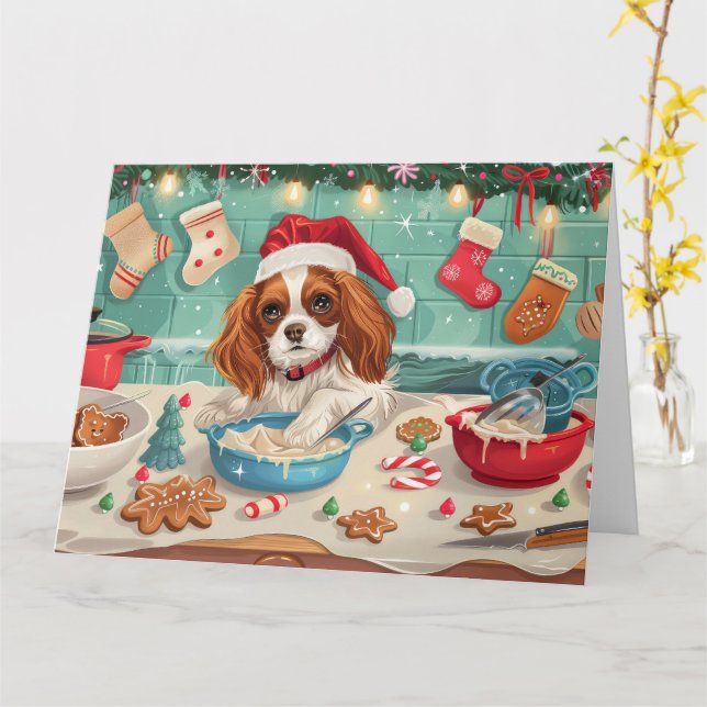 Carte Cavalier King Charles Spaniel Baking Noël (Fleur jaune)