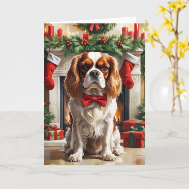 Carte Cavalier King Charles Spaniel voeux de Noël (Fleur jaune)