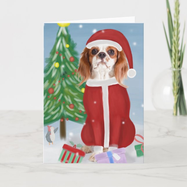 Carte Cavalier King chien dans la neige avec des cadeaux (Devant)