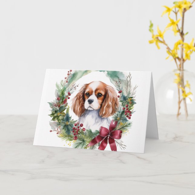 Carte Cavalier King Christmas Wreath Festive Pup (Fleur jaune)