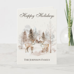Carte Cerf aquarelle rustique Noël forêt d'hiver