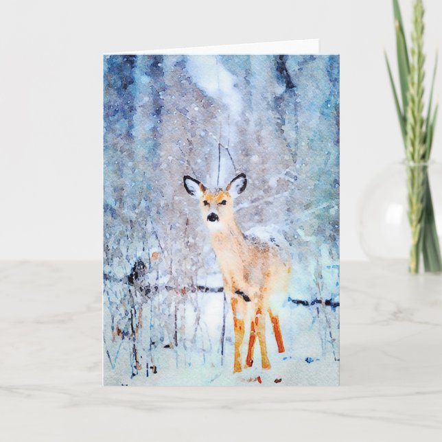 Carte Cerf blanc en Aquarelle de neige peint noir (Devant)