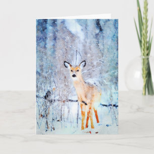 Carte Cerf blanc en Aquarelle de neige peint noir