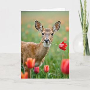 Carte Cerf d'anniversaire avec une tulipe rouge