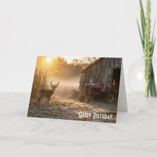 Carte Cerf de Virginie d'anniversaire avec tracteur roug
