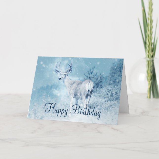 Carte Cerf d'hiver aux pins Joyeux anniversaire (Devant)