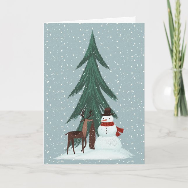 Carte Cerf et bonhomme de neige dans les flocons de neig (Devant)
