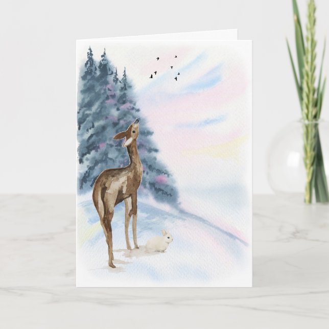 Carte Cerfs et lapins au lever du soleil Noël (Devant)