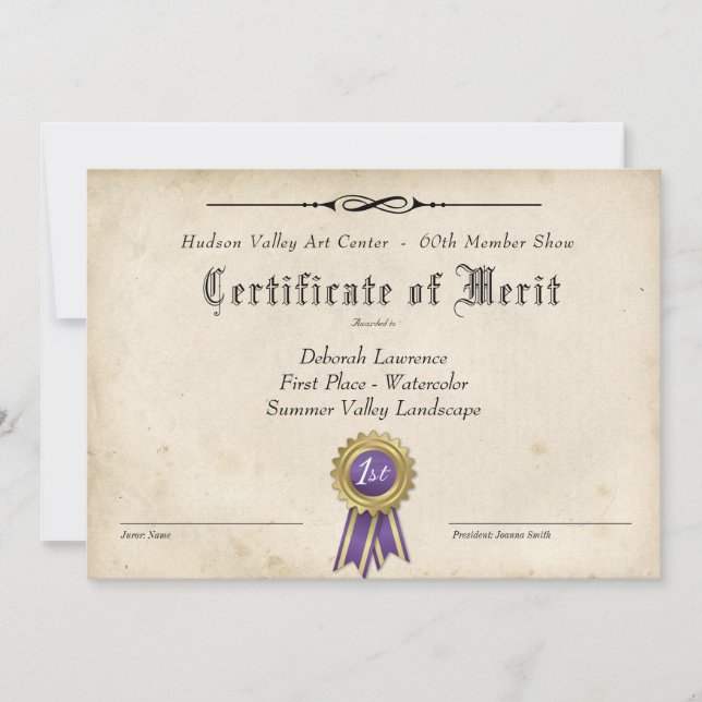 CARTE CERTIFICAT ART AWARD POUR LES SPECTACLES (Devant)