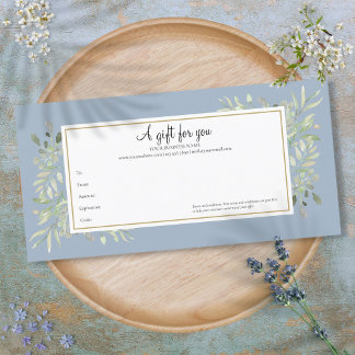 Carte Certificat Cadeau Bleu Poussiéreux de Végétal Doré