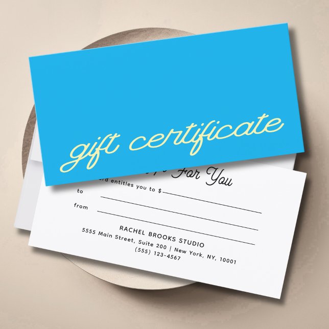 Carte Certificat Cadeau Bleu Script Moderne (Modern Script Blue Gift Certificate)