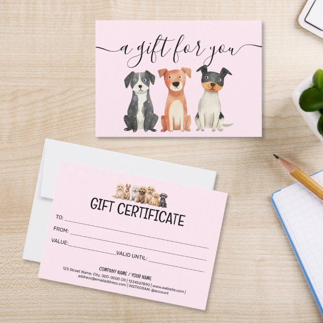 Carte Certificat cadeau Chien Grooming Animal Sitting Ve (cute watercolor dogs puppies on the blush pink background, gift certificate for groomers pet sitting)