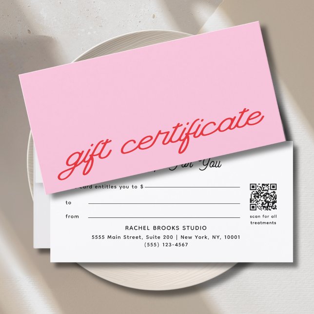 Carte Certificat Cadeau Code QR Rose Script Moderne (Modern Script Pink QR Code Gift Certificate)