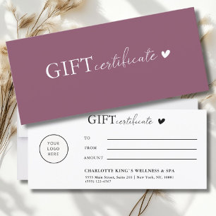 Carte Certificat cadeau commercial Logo spécifique au cl