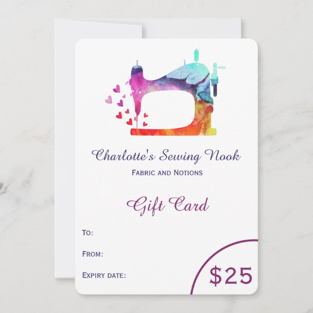 Carte Certificat cadeau de couture d'aquarelle (Devant)