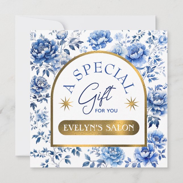 Carte Certificat cadeau de fleurs bleues élégantes de ch (Devant)