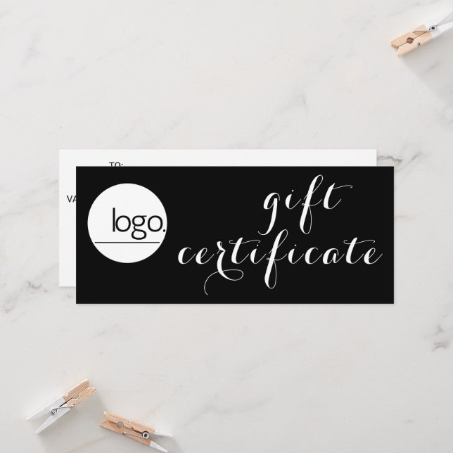 CARTE CERTIFICAT CADEAU DE LOGO D'AFFAIRES NOIR CHIC (Devant/Arrière en situation)