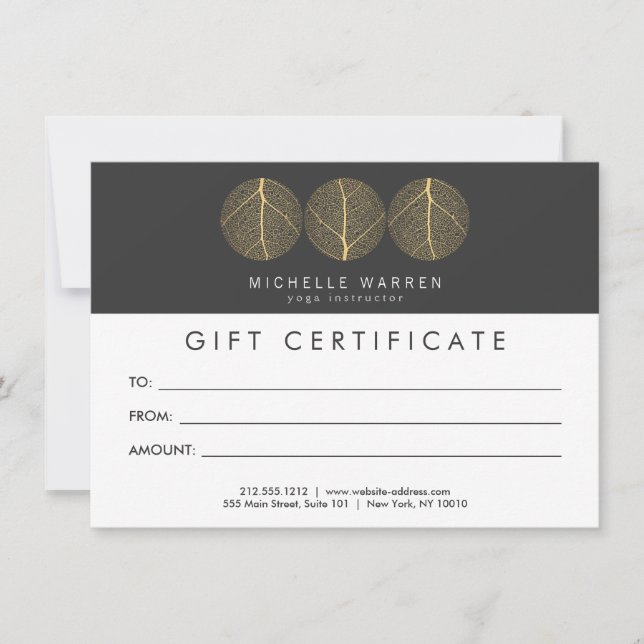 Carte Certificat cadeau de logo de trio feuille or éléga (Devant)